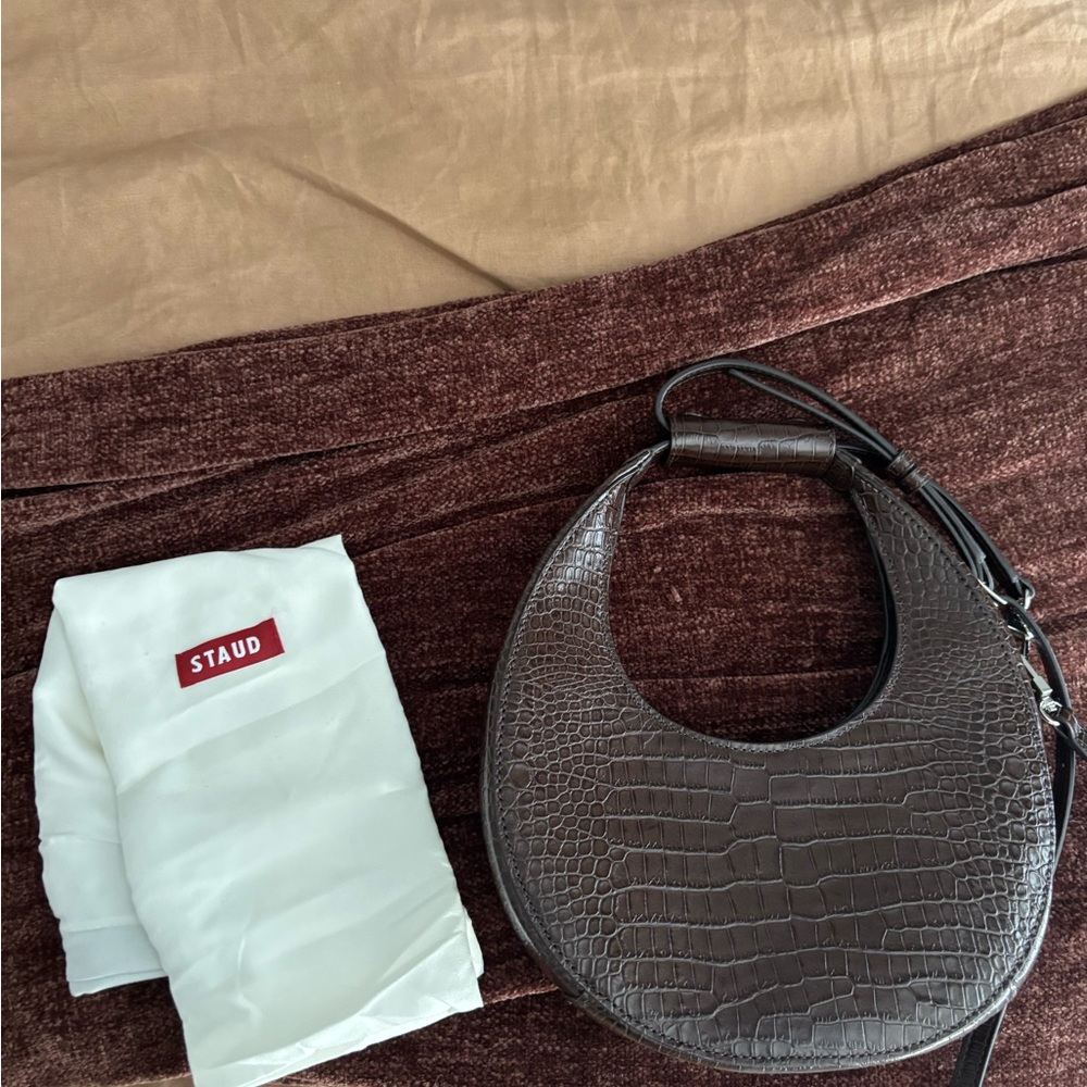 STAUD Mini Moon Brown Crocodile-Embossed Bag